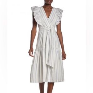 REBECCA TAYLOR Ruffle Yarn Dye Stripe Midi Dress